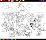 Black and White Cartoon Illustrations of Fantasy Pirate Characters on Treasure Island for Coloring Book