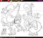 Black and White Cartoon Illustration of Scene with African Safari Animals Characters Group for Coloring Book