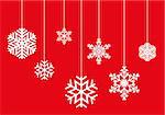 Winter pattern of hanging snowflakes on a red background. Vector, isolated objects