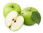 Ripe green apples with leaf and half isolated on white background with clipping path