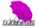 DAMAGE- inscription of silver letters and umbrella on white background