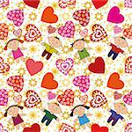 Seamless Valentine Holiday Background with Hearts, Flowers and Children, Cheerful Cartoon Boys and Girls with Heart Shaped Balloons.