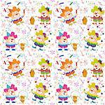 Seamless Background with Cheerful Circus Clowns, Juggling Balls and Candies and Training Dogs. Holiday Illustration with Funny Cartoon Characters on White, Colorful Stars and Streamers.