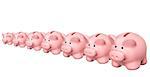 Conceptual image - growth of the capital. Seven 3d piggy banks from different sizes arranged in a line. Isolaten on white background