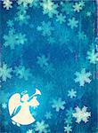 Vertical grunge Christmas background of blue color with snowflakes, angel  and paper texture