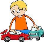 Cartoon Illustration of Happy Boy with Toy Cars