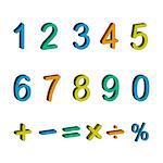 illustration of numbers from zero to nine and math symbols isolated on white background. Vector illustration. Colorful numbers in child style. 123 cartoon 3d symbol set