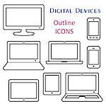 Black vector modern digital device outline icons isolated