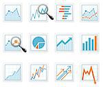 Statistics and analytics data icons with diagrams