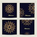 Set of square cards or invitations with mandala pattern. Vector vintage gold highly detailed round mandala elements. Luxury lace festive ornament card. Islam, Arabic, Indian, Turkish, Ottoman, Pakistan motifs.