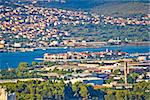 Split suburbs Vranjic and Kastela aerial view, Dalmatia, Croatia