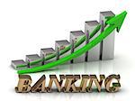BANKING- inscription of gold letters and Graphic growth and gold arrows on white background