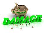 DAMAGE- inscription of green letters and gold Piggy on white background