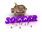 SOCCER- inscription of green letters and gold Piggy on white background
