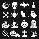 Halloween vector icons set. Pumpkin head, witch broom, candy and halloween hat. Cartoon halloween icons set, halloween silhouette for halloween party. Halloween night, ghost, pumpkin, spider