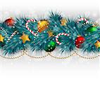 Blue Christmas tree branches with balls, candy canes, chains and stars on grayscale background