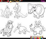 Black and White Cartoon Illustration of Wild Animal Characters Set for Coloring Book