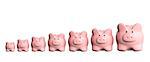 Conceptual image - growth of the capital. Seven 3d piggy banks from different sizes arranged in a line. Isolaten on white background