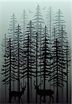 Deer in foggy winter forest with fir trees, vector illustration