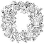 Christmas wreath with decorative items, Black and white . Zentangle patters.  The best for your design, textiles, posters, coloring book