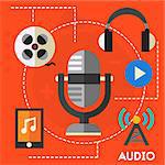Audio production and podcast concept. Flat style vector illustration online web banner