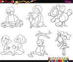 Black and White Cartoon Illustration of Cute Kids with Toys Set for Coloring Book