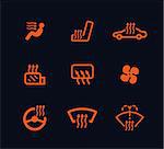 vector collection of orange car heating dashboard panel indicators isolated on black background