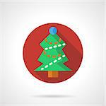 Green Christmas tree with decorations and garland. New Year and Christmas holidays. Flat color style red round vector icon with long shadow. Single web design element for mobile app or website.