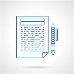 Abstract document page with sample text and pen. Writing articles, web article, blogging, newsletter. Flat blue line style vector icon. Single web design element for mobile app or website.