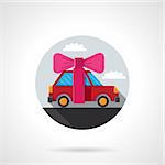 Red automobile with bright pink ribbon bow. Car as a gift. Sale and offer concept. Round color flat vector icon. Design element for website, mobile app, business.