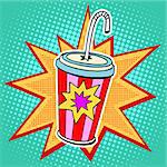 Cola paper cup straw fast food pop art retro style. Restaurants and entertainment. Sweet refreshing in the heat of the drink. Childhood and joy. Advertising poster retro background in the style of a comic book