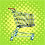 Grocery cart shopping pop art retro style. Business concept of sale and buyers at grocery stores