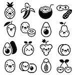 Vector icons set of Japanese Kawaii fruit in black isolated on white