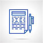 Document paper with abstract text and pen. Business planning or report., blogging, writing articles. Blue simple line style vector icon. Web design element for website and mobile app.