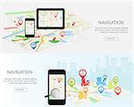 Mobile navigation concept. Modern set of flat design concepts with city map gps navigator on smartphone and tablet screen.  Concepts web banner web sites, infographics and printed materials.