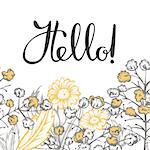 Hand Lettering "Hello!" Brush Pen lettering isolated on background. Handwritten vector Illustration. Background includes seamless drawing with flowers.