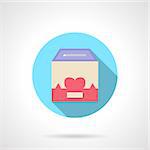 Blue round button with donation box with heart image. Flat color vector icon with long shadows. Charity, donations, volunteers concept. Single web design element for mobile app or website.