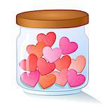 Love bottle jar with pink hearts inside. Valentine card. Vector illustration.