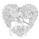 Handsome young man in the image of the prince from a fairy tale, riding on a horse on orient floral black and white  ornament in heart shape, could be use  for coloring book  in zentangle style.