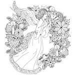 Angel on Christmas wreath with decorative items, Black and white. Zentangle patters.  The best for your design, textiles, posters, coloring book