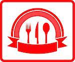 red isolated kitchen icon with fork, knife and spoon silhouette
