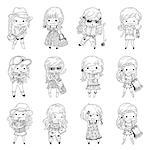 Little girls in doodle style, isolated on white background. Vector set.
