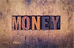 The word "Money" written in dirty vintage letterpress type on a aged wooden background.