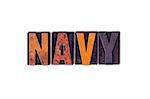 The word "Navy" written in isolated vintage wooden letterpress type on a white background.
