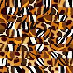 Seamless background with illustration of fluffy skin of wild animals: jaguar; leopard; cheetah; giraffe; tiger; zebra. Endless texture can be used for wallpaper, pattern fills, web page background, surface textures