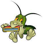 Grasshopper Playing a Harmonica - Colored Cartoon Illustration, Vector