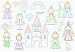 Collection of vector sketches with happy little princesses and flowers. Sketch on notebook page