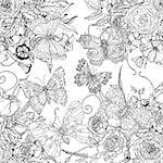 flowers and butterflies. Zentangle interpretation. Black and white. Vector illustration. The best for your design, textiles, posters, coloring book
