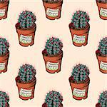 Seamless pattern with Echinocactus grusonii in a pot.  Hand-drawn illustration. Vector.