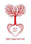 Red love tree with heart shaped branches and roots, vector Valentine's day card